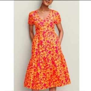 J. Crew Cotton Pink and Orange Floral V-Neck Tiered Midi Dress - Hawaiian style